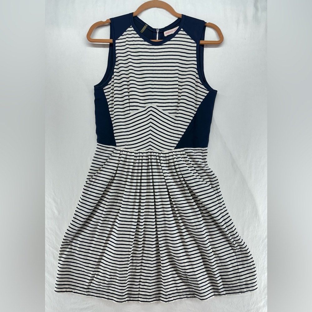 REBECCA TAYLOR Striped Dress in Navy Cream Pockets Knit Cotton Linen Silk Size M